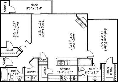 Floor plan for 2 beds, 2 baths, 1212 sqft